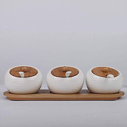 Kitchen seasoning box/Ceramic Condiment Storage Container with Bamboo Tray Golf Salt jar Three-Piece Set