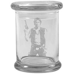 Clear 8 oz Glass Herb Stash Jar and Lid with Han Solo Logo from Smoke Promos