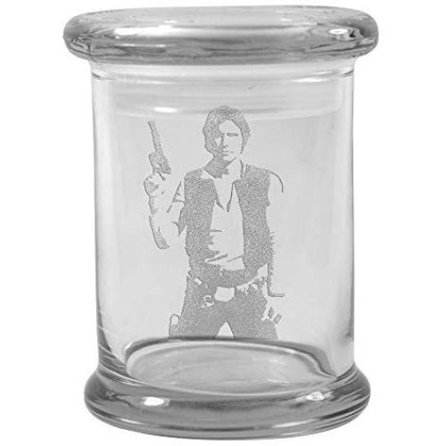 Clear 8 oz Glass Herb Stash Jar and Lid with Han Solo Logo from Smoke Promos