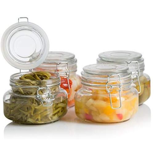 Klikel Square Glass Kitchen Storage Canister Jars - Crystal Clear Food Storage Jars with Clear Lid and Bail & Trigger Hermetic Seal - 16oz, (Set of 4)