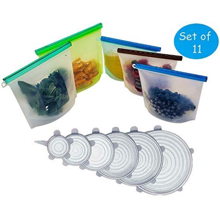 Reusable Silicone Food Storage Bags & Silicone Stretch Lids [Set