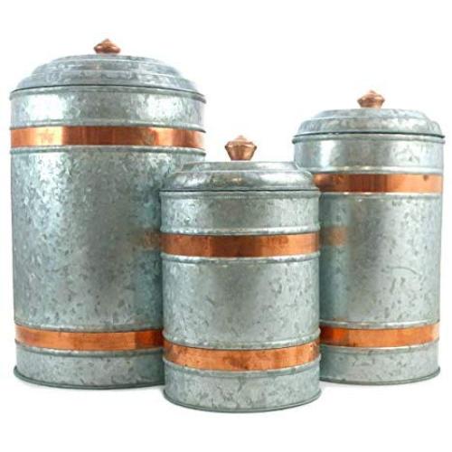 Well Pack Box Galvanized Canisters Farmhouse Rustic Metal Set of 3 Flour Sugar Container Canister Kitchen Double Copper Band, 6 Liter, 3 Liter, and 2 Liter