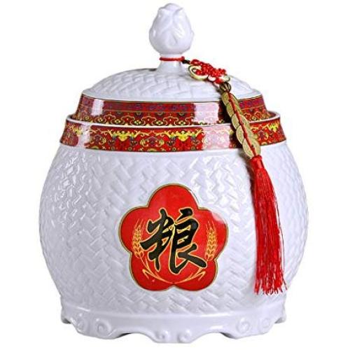 Food Jars & Crocks Rice Storage Bucket Household Ceramic Rice Cylinder Moistureproof and Insect Sealed Storage Tank Flour Tank Kitchen Rice Bucket Gift (Color : White, Size : 34x37cm)