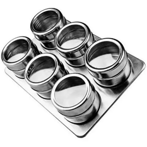6pcs. Magnetic Spice Tins Stainless Steel Storage Container Jars + Trestle Rack 6pcs. Magnetic Spice Tins Stainless Steel Storage Container Jars + Trestle Rack