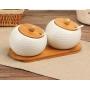 Ceramic cruet seasoning jar salt bowl sugar bowl kitchen household ceramic seasoning jar glass lid storage tank wooden tray,1pcs-J