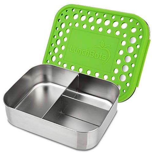 LunchBots Medium Trio II Snack Container - Divided Stainless Steel Food Container - Three Sections for Snacks On The Go - Eco-Friendly, Dishwasher Safe, BPA-Free - Stainless Lid - Green Dots