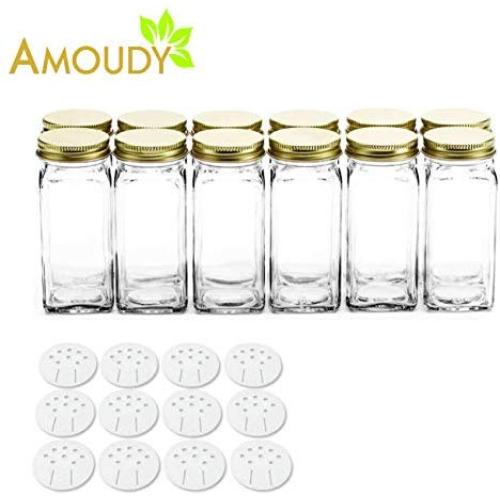 12 Square Clear Glass Bottles Containers Jars 4oz with Gold Metal Lids and Shaker Tops Empty Organizer Set Deluxe Decorative Modern - Spices Seasoning Food Crafts Gifts