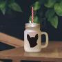 Black Modern Siames Cat Head Silhouette Frosted Glass Mason Jar With Straw