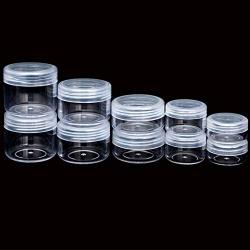 ZEJIA 10pcs Clear Sample Containers with Screw Lids,5 Size 3/5/10/15/20 Gram Empty Cosmetic Jars with 12pcs Lables and 2pcs Mini Disposable Spatula,Makeup Sample Containers BPA Free