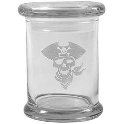 Clear 8 oz Glass Herb Stash Jar and Lid with Pirate Skull Logo from Smoke Promos