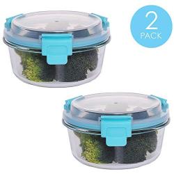 Home Basics 13 oz. Round Leak and Spill Proof Borosilicate Glass Food Storage Dishwasher Safe Meal Prep Storage Container with Air-tight Plastic Lid, Turquoise (2)