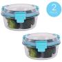 Home Basics 32 oz. Round Leak and Spill Proof Borosilicate Glass Food Storage Dishwasher Safe Meal Prep Storage Container with Air-tight Plastic Lid, Turquoise (2)