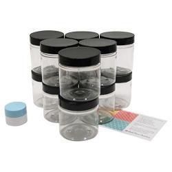 Clear 8 oz PET Plastic Round Jars with Black Lids, with 1 Mini Jar, 12 Pack (C8BMJ12)