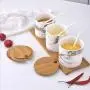 Ensemble de 3 Pots Céramiques Scandinave Moderne Style Citron, Contenants à Condiments en Porcelaine, Pots à Épices avec Couvercles et Cuillère, Plateau en Bois, Cruet Pot, pour Épices, Sucre, Café, Sel