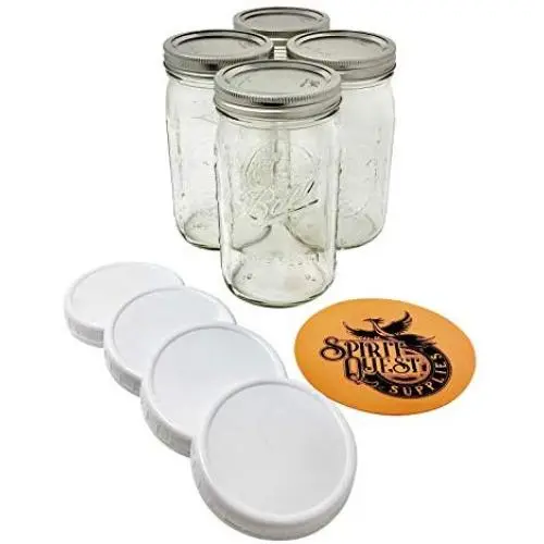 Ball Quart Mason Jars with Storage Lids and Jar Opener - Bundle Pack of 4 32 oz Wide Mouth Jars, 4 Storage Caps, and 1 Spirit Quest Supplies Large Jar Opener