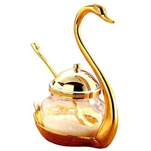 TNKML (Golden) Glass Seasoning Jar Seasoning Container Seasoning Glass Jar Pepper Coffee Storage Tank Swan Rack Spice Container