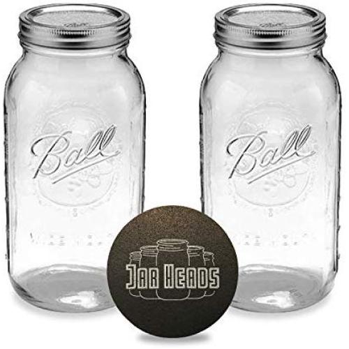 Ball Half Gallon Mason Jars - Wide Mouth 64 oz Bundle with Non Slip Jar Opener- Set of 2 Half Gallon Size Mason Jars - Canning Glass Jars with Lids