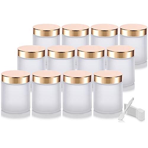 Large Frosted Clear Thick Glass Straight Sided Jar with Gold Metal Overshell Lid - 8 oz / 240 ml (12 pack) + Spatulas