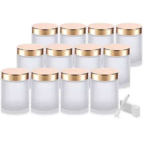 Bouteille en verre clair épaisse et glacée à parois droites avec couvercle métallique doré - 240 ml (12 unités) + spatules Bouteille en verre clair épaisse et glacée à parois droites avec couvercle métallique doré - 240 ml (12 unités) + spatules
