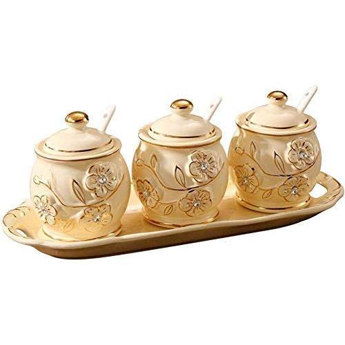 Boîte d’assaisonnement de cuisine / Récipient de stockage de condiments en céramique avec pot à sel à trois pièces (Couleur : A) Boîte d’assaisonnement de cuisine / Récipient de stockage de condiments en céramique avec pot à sel à trois pièces (Couleur : A)