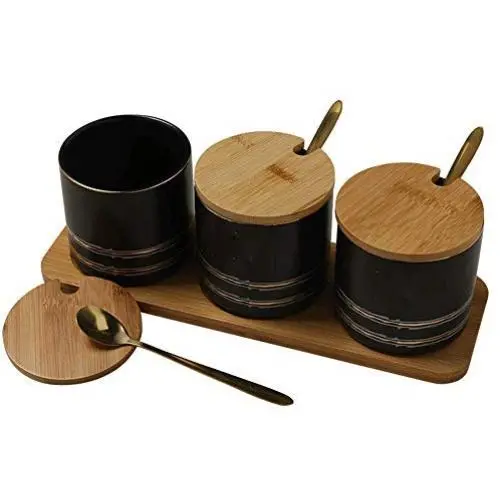 ZLDGYG Küchenbehälter Set – 3-teilig: Kaffee-, Zucker- und Teespeicherdosen mit Bambusdeckeln, Küchenorganizer, Schwarz
