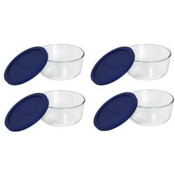 Pyrex Storage 4 Cup Round Dish, Clear with Blue Lid, Pack of 4 Containers