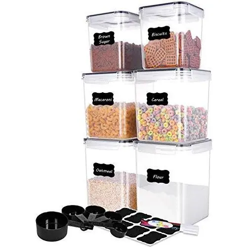 【ME.FAN Boîtes de Rangement Alimentaire [Lot de 6] Conteneurs pour Stockage de Farine- Garde-Manger, Boîtes d'Entreposage Airtight avec 5 Set Tasses Mesurables & 24 Étiquettes & Stylo – Noir】