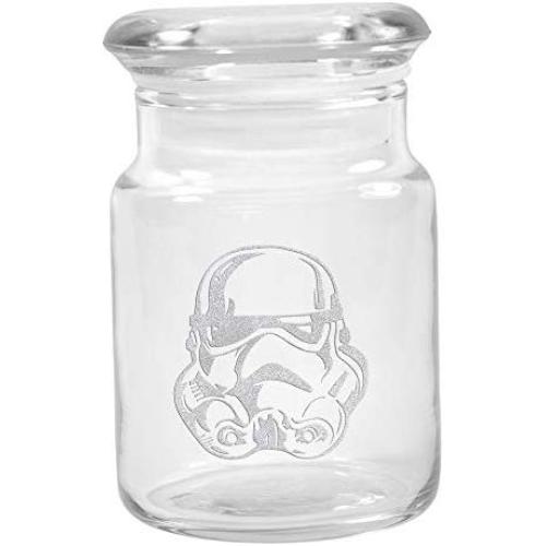 Clear Glass Herb Stash Jar with Lid 4.5 oz with Storm Trooper Logo from Smoke Promos
