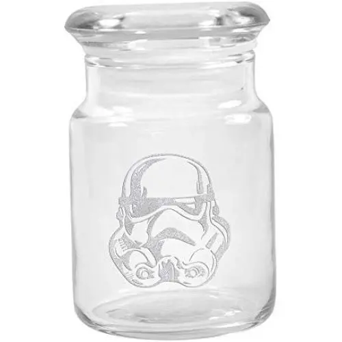 Clear Glass Herb Stash Jar with Lid 4.5 oz with Storm Trooper Logo from Smoke Promos