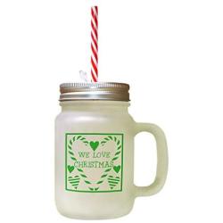 Green We Love Christmas Frosted Glass Mason Jar With Straw