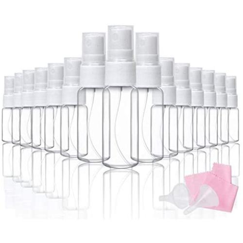 20pcs Spray Bottles Mist Plastic Mini Spray Bottlec(15pcs 10ml and 5pcs 20ml) with 2 Funnels and 1 Cleaning Cloth for Essential Oils Makeup and Perfume