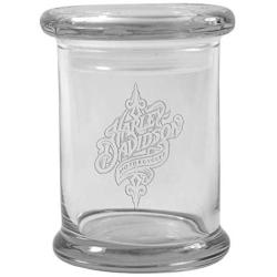 Clear 8 oz Glass Herb Stash Jar and Lid with Harley Davidson Logo from Smoke Promos