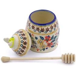 Polish Pottery 5?-inch Honey Jar with Dipper (Red Anemone Meadow Theme) + Certificate of Authenticity