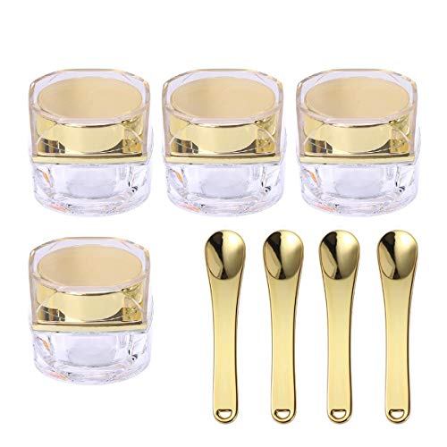 YARUMI 4 Pieces 10g Plastic Empty Cosmetic Jars with Leakproof lids, Face Cream Pots with 4 Metal Cosmetic Spoons Spatulas, Mini Facial Cream Eye Cream Lip Balm Refillable Containers for Travel, Gold