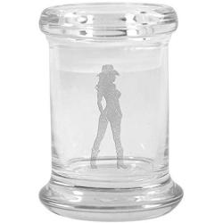 Clear Glass Herb Stash Jar with Lid 2.75 oz with Cowgirl Silhouette from Smoke Promos