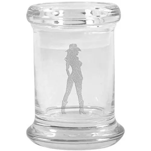 Clear Glass Herb Stash Jar with Lid 2.75 oz with Cowgirl Silhouette from Smoke Promos