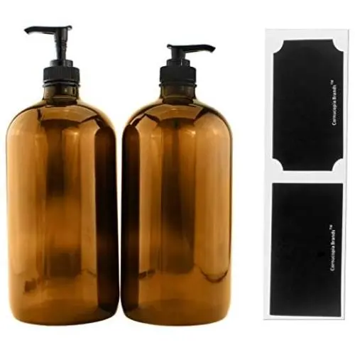 32-Ounce Amber Glass Lotion Pump Bottles (2-Pack); Quart Size Brown Bottles w/Black Plastic Soap, Hand Care & Lotion Locking Pump Dispensers; Includes Chalk Labels 32-Ounce Amber Glass Lotion Pump Bottles (2-Pack); Quart Size Brown Bottles w/Black Plastic Soap, Hand Care & Lotion Locking Pump Dispensers; Includes Chalk Labels