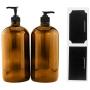 32-Ounce Amber Glass Lotion Pump Bottles (2-Pack); Quart Size Brown Bottles w/Black Plastic Soap, Hand Care & Lotion Locking Pump Dispensers; Includes Chalk Labels