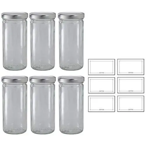 8 oz Clear Thick Glass Tall Paragon Airtight Jar with Silver Metal Cap (6 pack) + Labels for Hot and Cold Fill