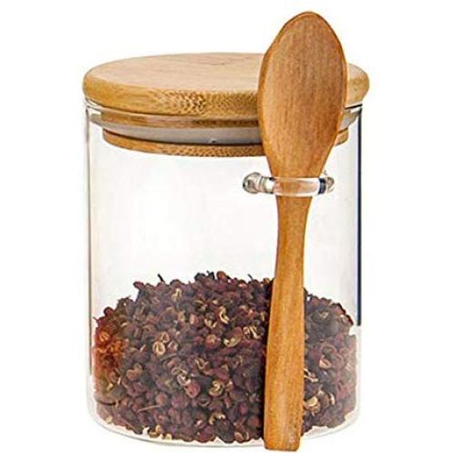 ZXYWW 4 Piece Set Glass Food Storage Jar 16 OZ (450 ML) with Airtight Seal Bamboo Lid and Spoon, Great for Snack/Coffee/Spice/Cereal