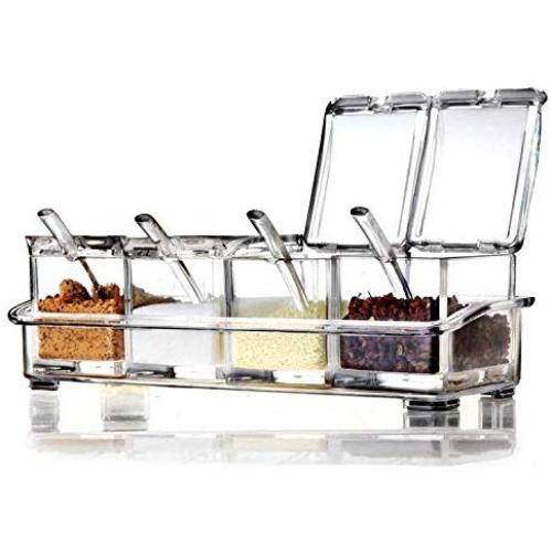 Clear Spice Rack Spice Pots - 4 Piece Acrylic Seasoning Box - Storage Container Condiment Jars - Cruet with Cover and Spoon - Spice Salt Container Sugar Storage Organizer