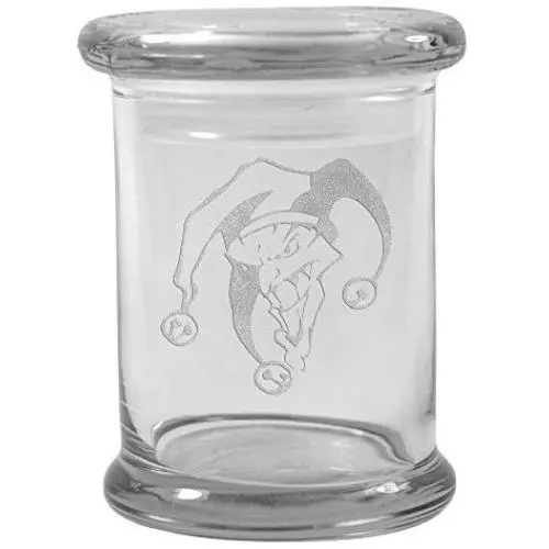 Clear 8 oz Glass Herb Stash Jar and Lid with Joker Logo from Smoke Promos Clear 8 oz Glass Herb Stash Jar and Lid with Joker Logo from Smoke Promos