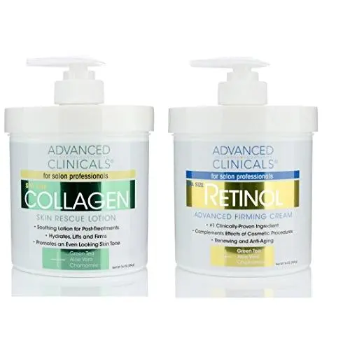 Advanced Clinicals Retinol Cream and Collagen Cream Skin Care set. Value anti-aging set for wrinkles, fine lines, firming skin. 16oz Spa size are great for face cream and body moisturizer. Advanced Clinicals Retinol Cream and Collagen Cream Skin Care set. Value anti-aging set for wrinkles, fine lines, firming skin. 16oz Spa size are great for face cream and body moisturizer.