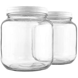 Clear Half Gallon Wide-mouth Glass Jars (2-Pack), 64-Ounce / 2-Quart Capacity with White Metal Lids, BPA-Free