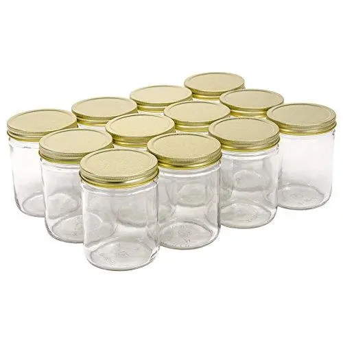 North Mountain Supply 16 Ounce Glass Wide Mouth Straight-Sided Canning Jars - with Gold Metal Lids - Case of 12