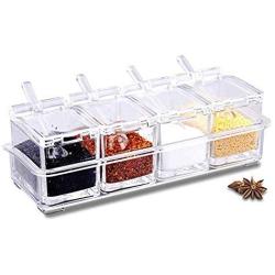 Clear Seasoning Box Set, 4 Piece Acrylic Condiment Spice Jar With Plastic Spoons Storage Container Spice Jars