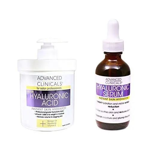 Advanced Clinicals Hyaluronsäure Creme & Hyaluronsäure Serum Set! Sofortige Feuchtigkeit für Gesicht und Körper. Zielgerichtet gegen Falten und feine Linien. Großes 16 oz Creme & großes 1,75 oz Serum.