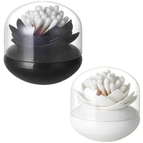Daliuing 2 Pack Lotus Cotton Swab Holder Cotton Bud Small Toothpicks Brushes Holder Box Case Storage Organizer Jar with Clear Lid Dustproof Cover Black + White