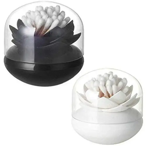 Daliuing 2 Pack Lotus Cotton Swab Holder Cotton Bud Small Toothpicks Brushes Holder Box Case Storage Organizer Jar with Clear Lid Dustproof Cover Black + White