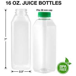 16 Oz Clear Plastic Juice/Dressing PET Square Container w/Green Tamper Evident Caps by Pexale(TM)- (Pack of 10) (green caps, 10)